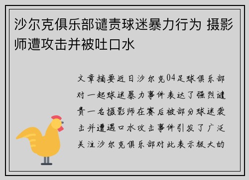 沙尔克俱乐部谴责球迷暴力行为 摄影师遭攻击并被吐口水