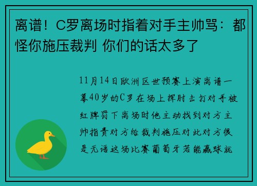 离谱！C罗离场时指着对手主帅骂：都怪你施压裁判 你们的话太多了